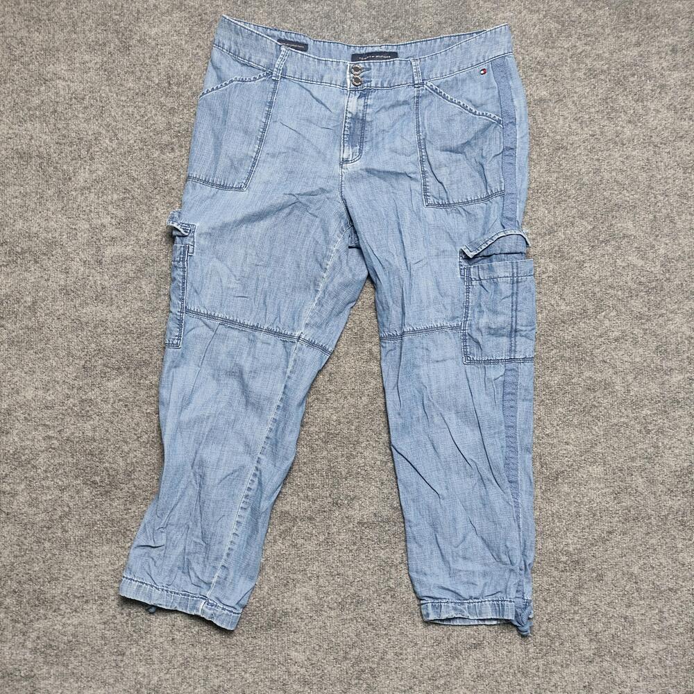 Tommy Hilfiger Capri Pants Womens 14 Blue Chambray Cargo Crop Pockets Summer